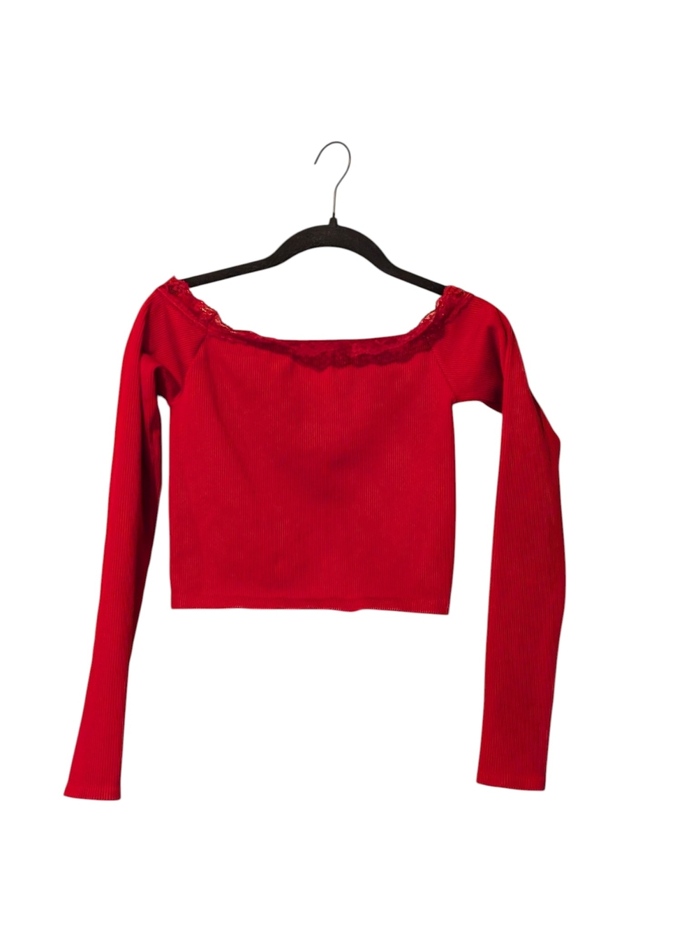 Red Off-Shoulder Ribbed Lace Trim Crop Top (Under The Stars Collection)